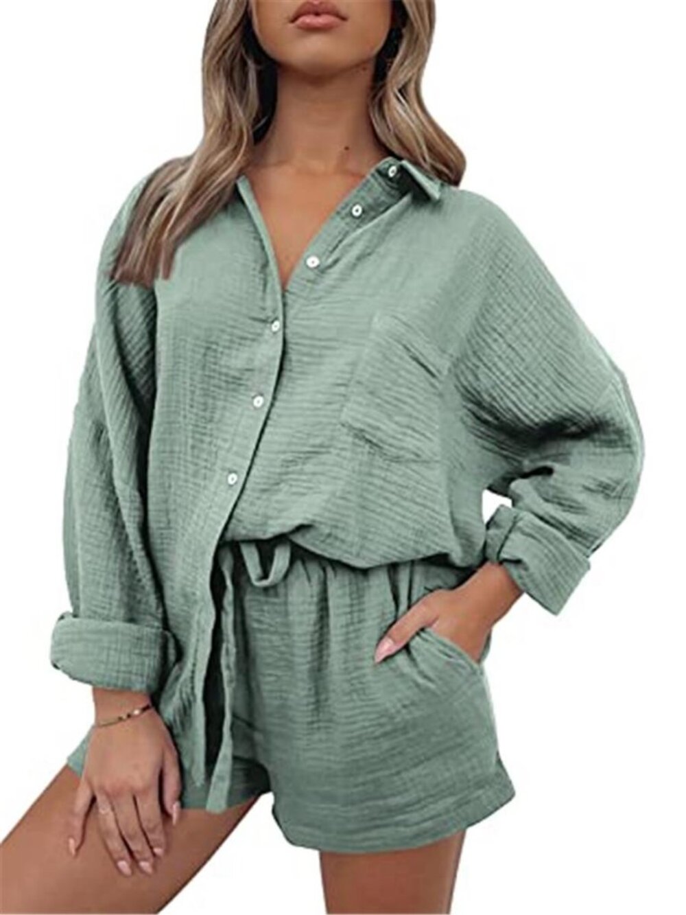 Trendy Queen Sage Green Gauze 2 Piece Lounge Set Women's Button Up Shirt & Short